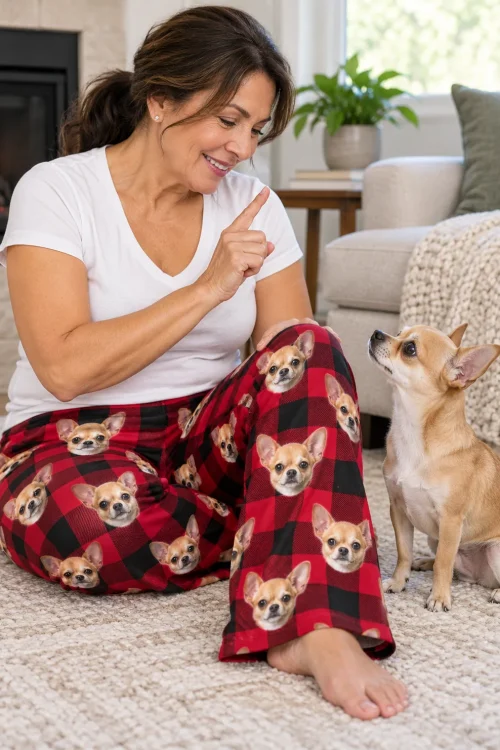 Woman on a living room rug raising one finger to a fawn chihuahua, in red plaid pajama pants