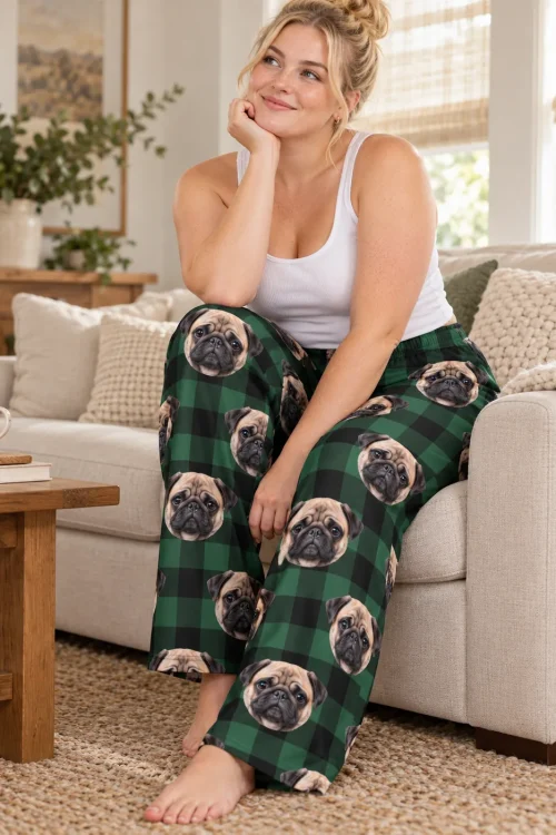 Blonde woman on the edge of a sofa, chin in hand, in green plaid ladies pug pajama pants