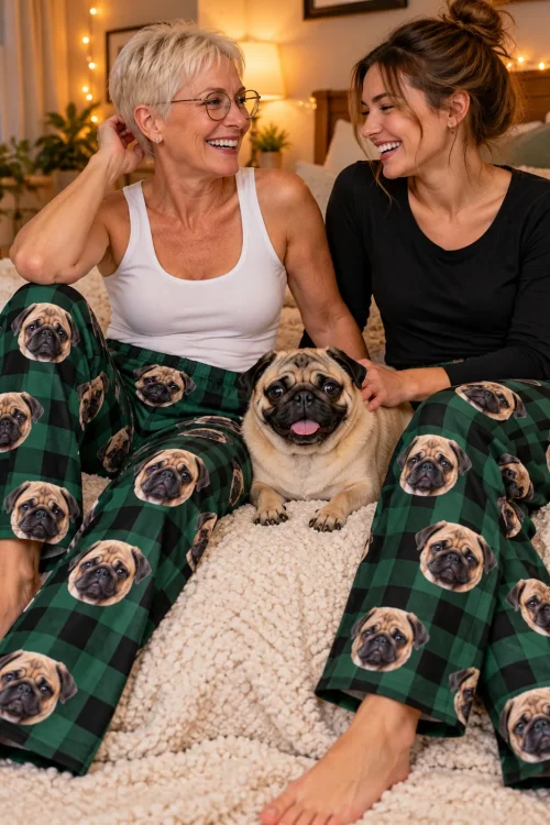 Two women on a cozy bed with their pug, both in green plaid pug pajama pants
