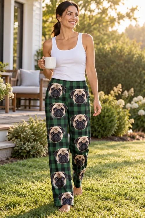 Woman walking on a sunny lawn with a mug in green plaid ladies pug pajamas