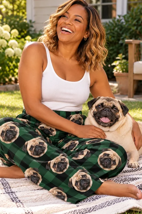 Woman laughing on a garden blanket with her pug, in green plaid pug pajamas