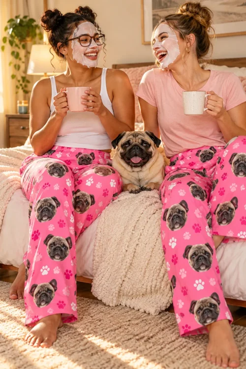Two friends in face masks with mugs and a pug on a bed, both in pink paws pug pajamas