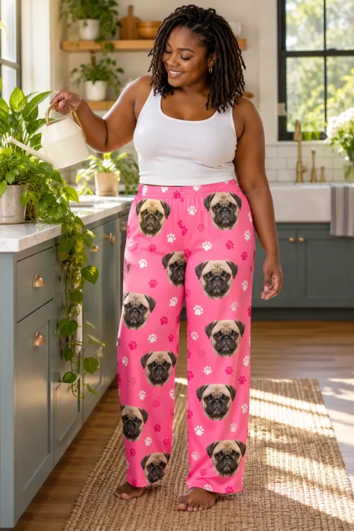 Woman watering kitchen plants in pink paws pajama pants with pug faces