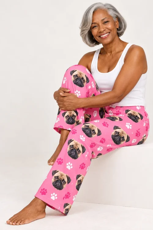 Silver-haired woman hugging her knee on a white step in pink paws ladies pug pajamas