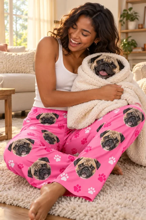 Laughing woman wrapping her pug in a fuzzy throw, in pink paws pug pajama pants