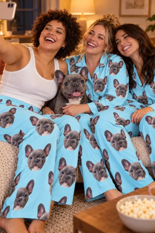 Three friends taking a selfie with a French bulldog, all in light blue pajama pants printed with its face