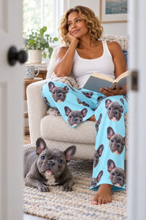 Woman reading in an armchair in light blue pajama pants while her French bulldog rests on the rug