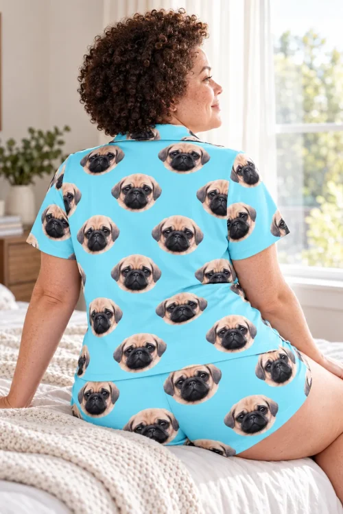 Back view of a woman with curly hair sitting on a bed in a light blue pajama set with pug faces