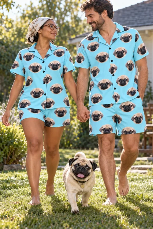 Couple in matching light blue pajama sets walking their pug across a sunny backyard lawn