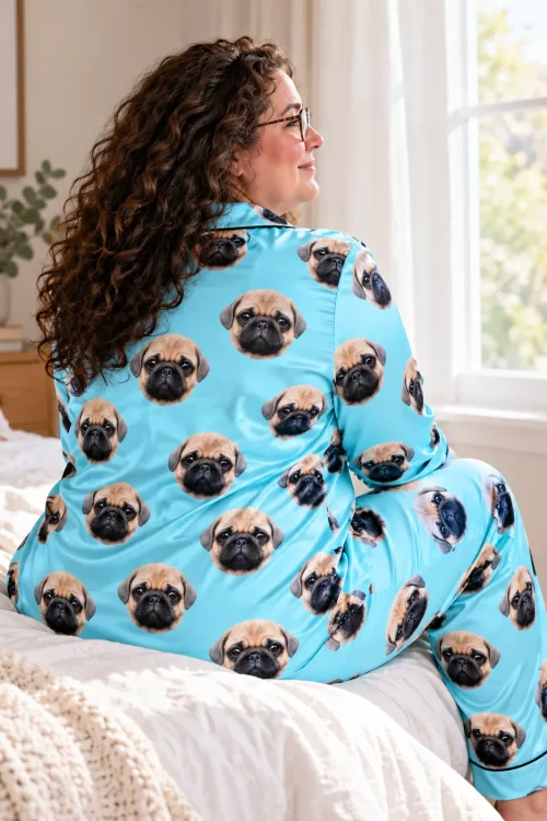 Back view of a woman with curly hair on the bed in light blue satin pajamas with pug faces