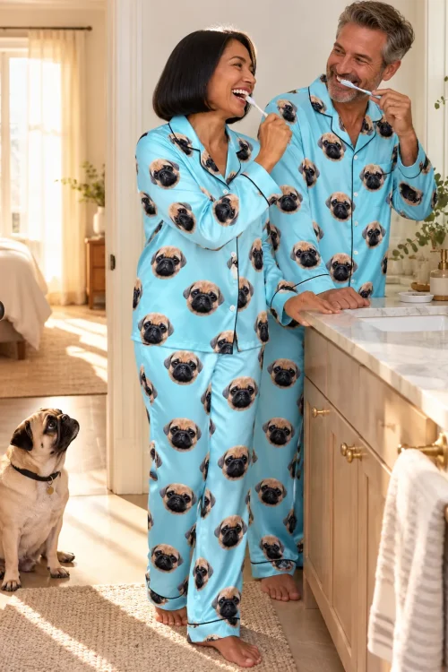Couple brushing their teeth in matching light blue satin pajamas while their pug looks on