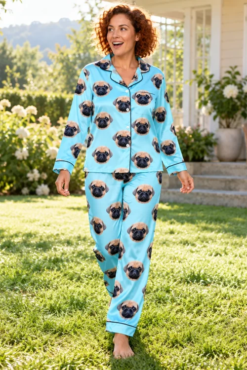 Woman with curly red hair walking barefoot across a lawn in light blue satin pajamas