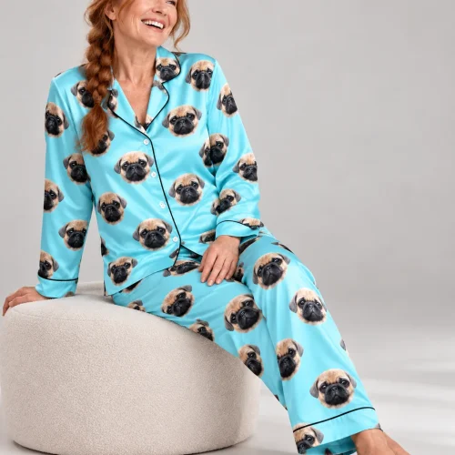 Light Blue Satin Pajama Set with Your Pet's Face
