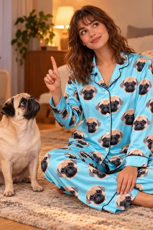 Woman in light blue satin pajamas on a living room rug, pointing up as her pug watches