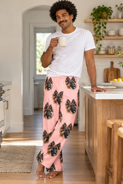 Man with coffee leaning on a kitchen island in light pink pajama pants with German Shepherd faces