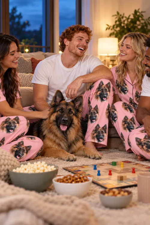 Friends in light pink pajama pants with German Shepherd faces playing a board game beside their dog