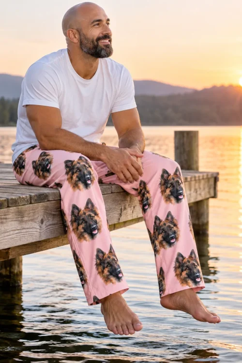 Man sitting on a lake dock at sunrise in light pink pajama pants printed with German Shepherd faces