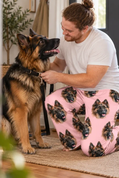Man clipping a leash on his German Shepherd while kneeling in light pink pet face pajama pants