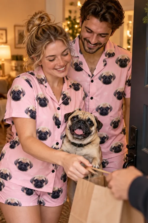 Couple in matching light pink pajama sets holding their pug while taking a delivery at the front door