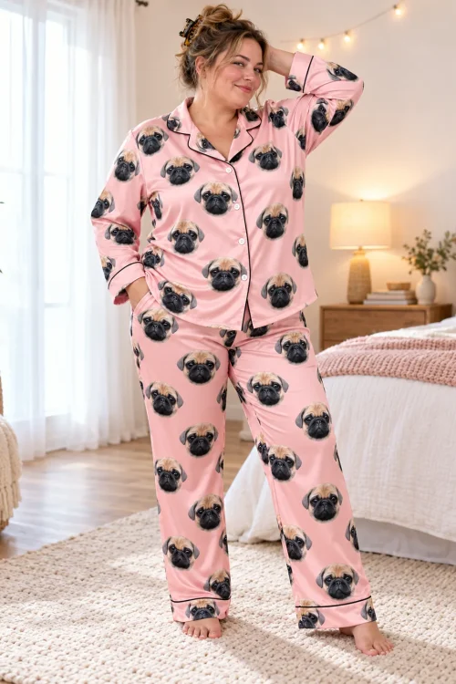 Woman with a messy bun standing in a sunny bedroom in a light pink satin pajama set with pug faces