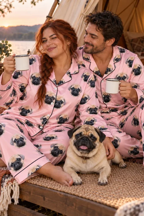 Couple with camp mugs in light pink satin pajama sets on a lakeside deck, their pug between them