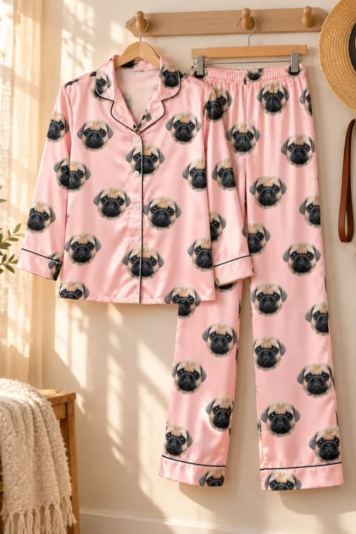 Light pink satin pajama set with pug faces on wooden hangers beside a straw hat and a leash