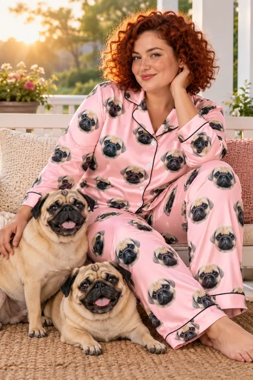 Woman on a porch swing at sunset in a light pink pajama set, two pugs sitting at her feet