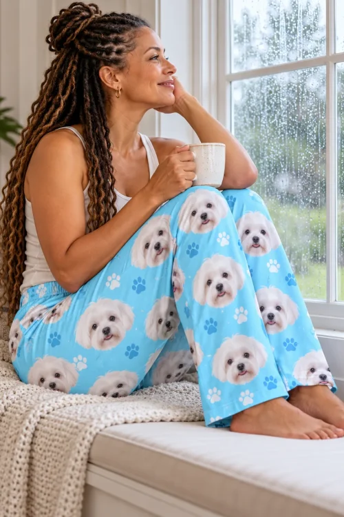 Woman with long twists hugging her knees on a rainy window seat with a mug, in light blue paws maltese pajama pants