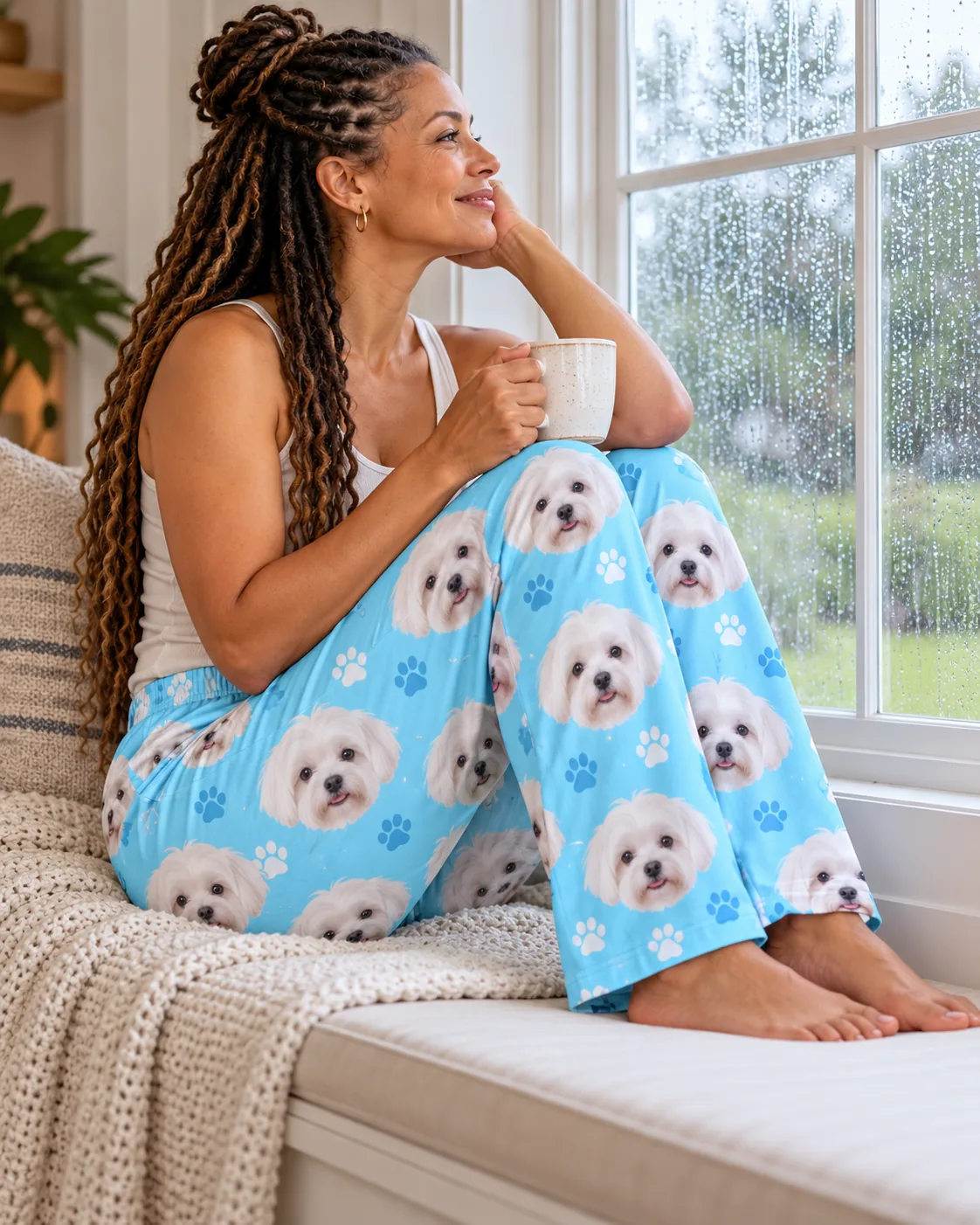 Woman with long twists hugging her knees on a rainy window seat with a mug, in light blue paws maltese pajama pants