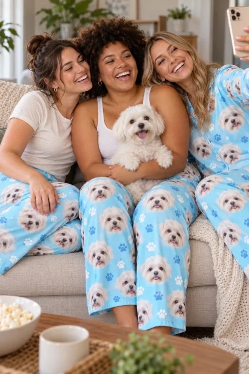 Three laughing friends taking a selfie on a sofa with a white maltese, all in light blue paws maltese pjs