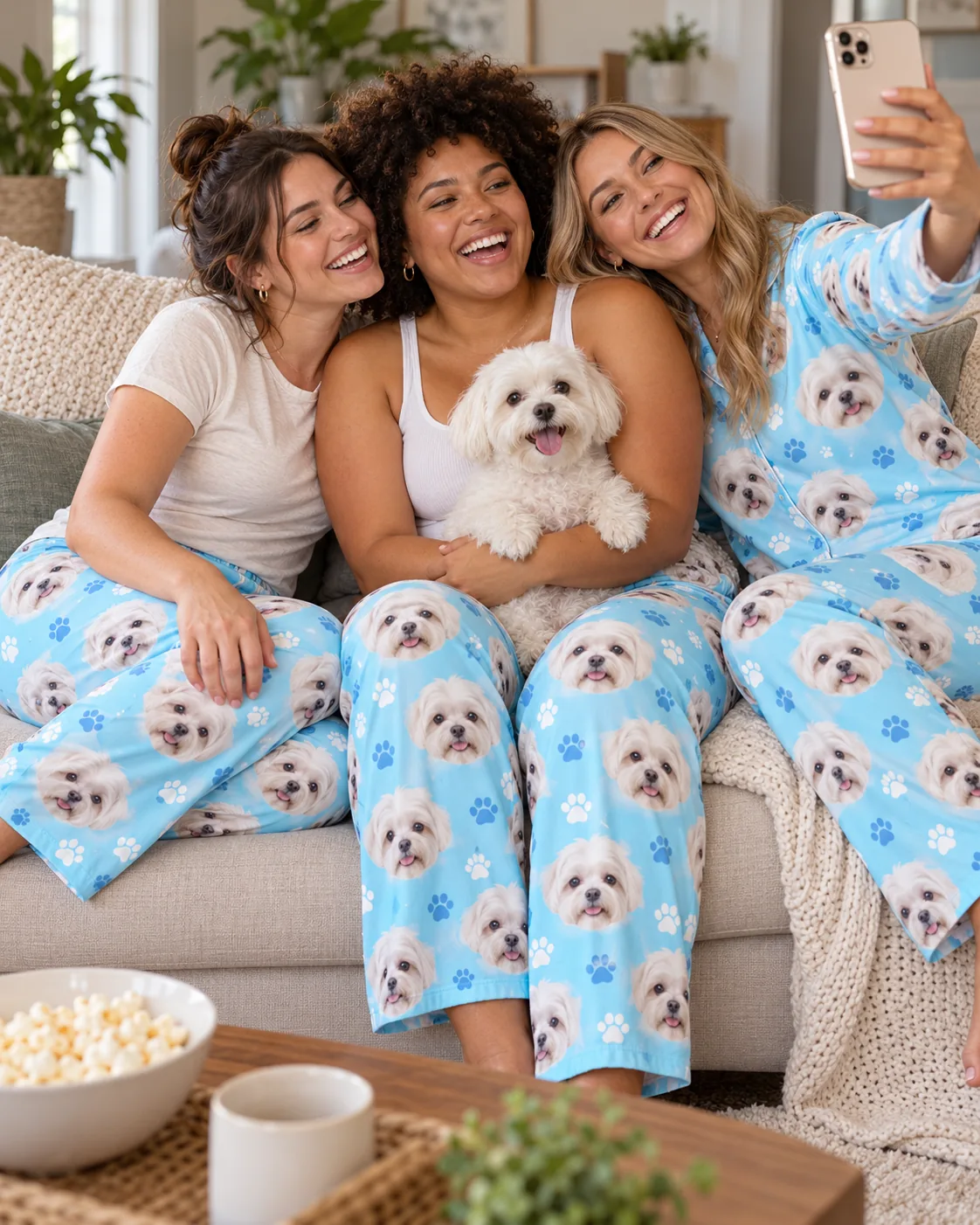 Three laughing friends taking a selfie on a sofa with a white maltese, all in light blue paws maltese pjs