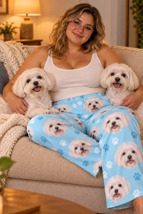 Woman in glasses on a cream sofa hugging two white maltese dogs, wearing light blue paws maltese pajama pants