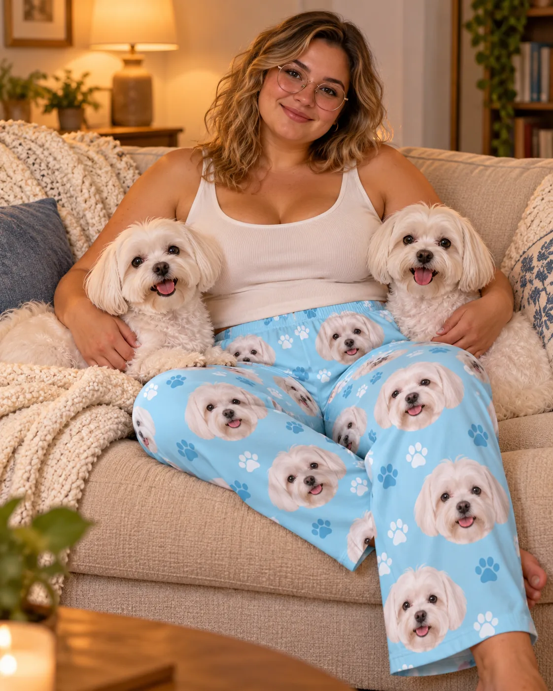 Woman in glasses on a cream sofa hugging two white maltese dogs, wearing light blue paws maltese pajama pants