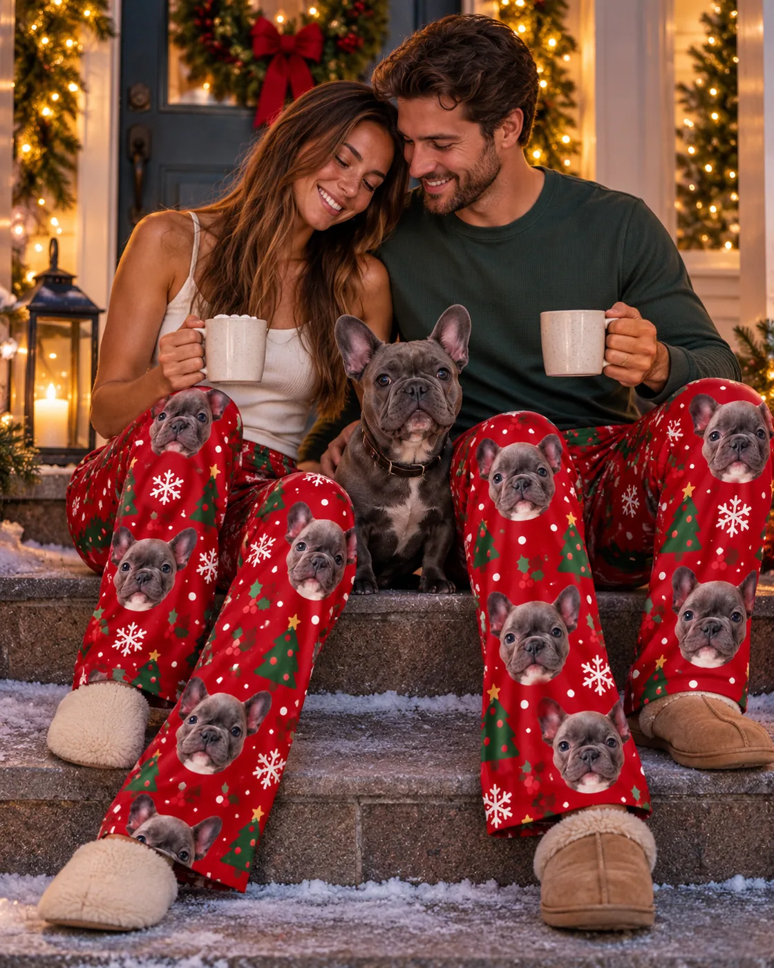 Pet face pajamas: couple with mugs on snowy front steps in Christmas pajama pants, their French bulldog between them