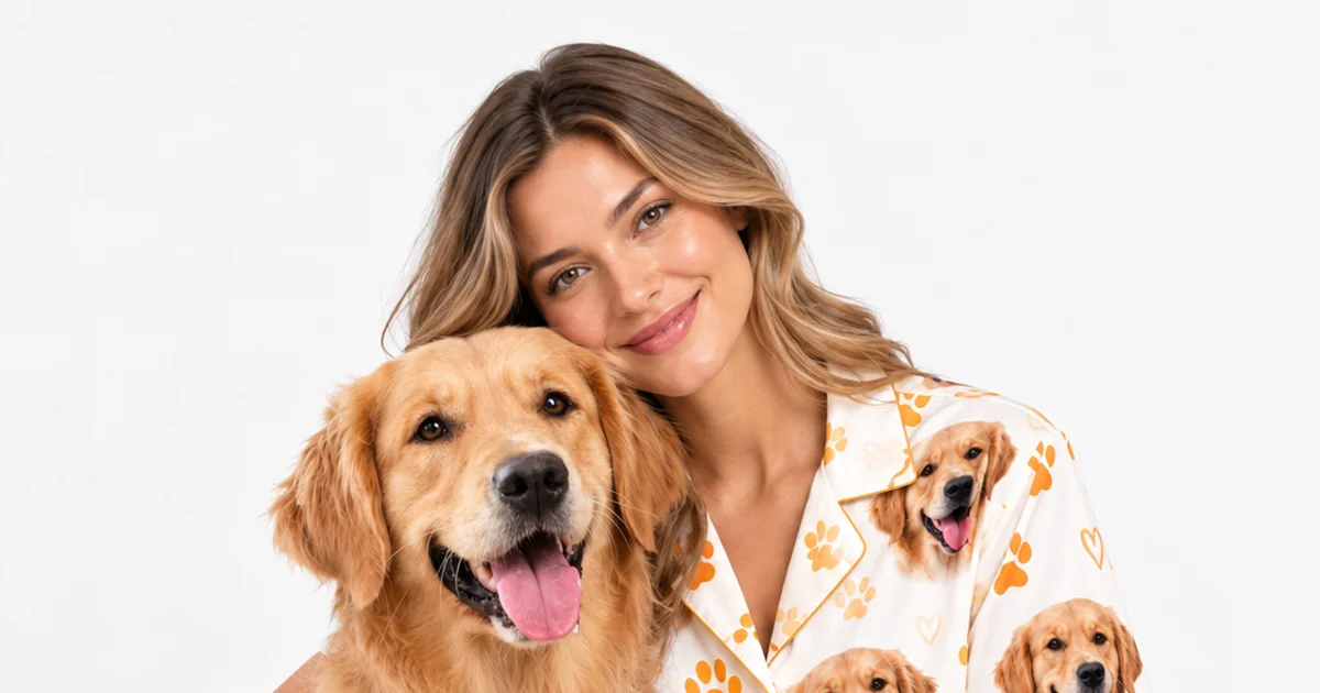 Pet face pajamas: woman hugging her golden retriever in a short pajama set printed with the same dog's face