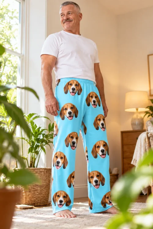 Man in a white tee standing in a bright living room among houseplants in light blue mens beagle pajamas