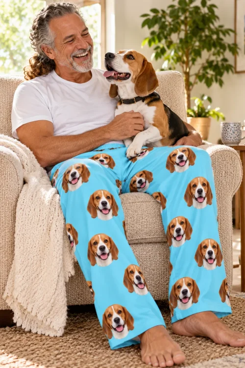 Gray-bearded man laughing with his beagle in his lap in an armchair, in light blue beagle pajama pants