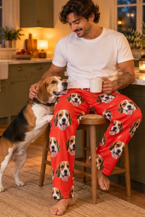 Man in red beagle pajama pants petting his beagle by the kitchen island, mug in hand, warm evening light