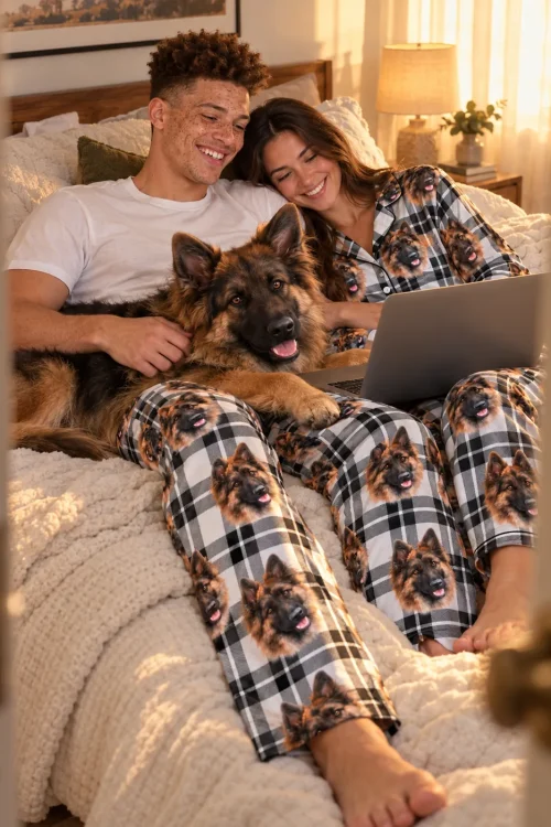 Couple in black and white plaid pajama pants with German Shepherd faces on a bed with their dog and laptop