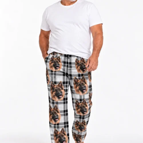 Men's Black and White Plaid Pajama Pants with Your Pet's Face