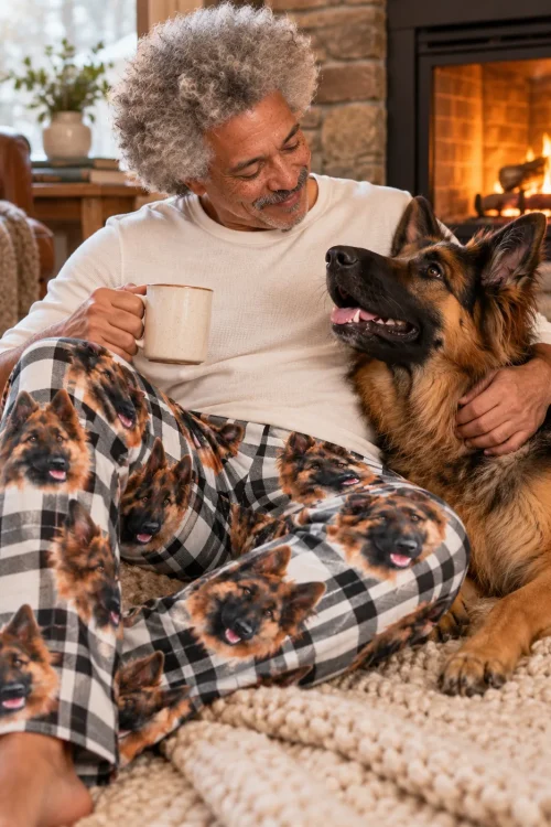 Man hugging his German Shepherd by the fireplace in black and white plaid pajama pants with its face