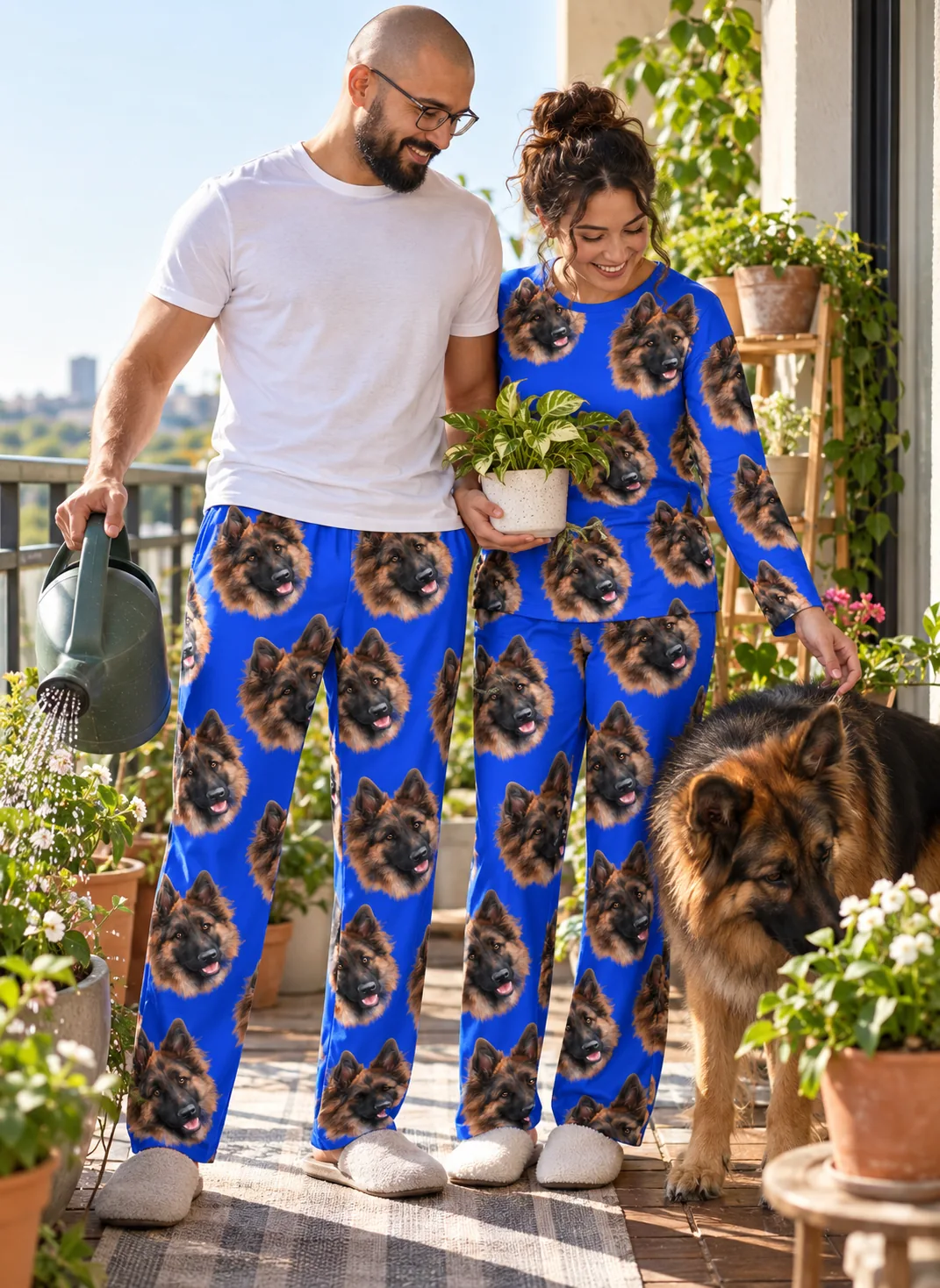 Couple in royal blue pajama pants with German Shepherd faces tending plants on a sunny balcony with their dog