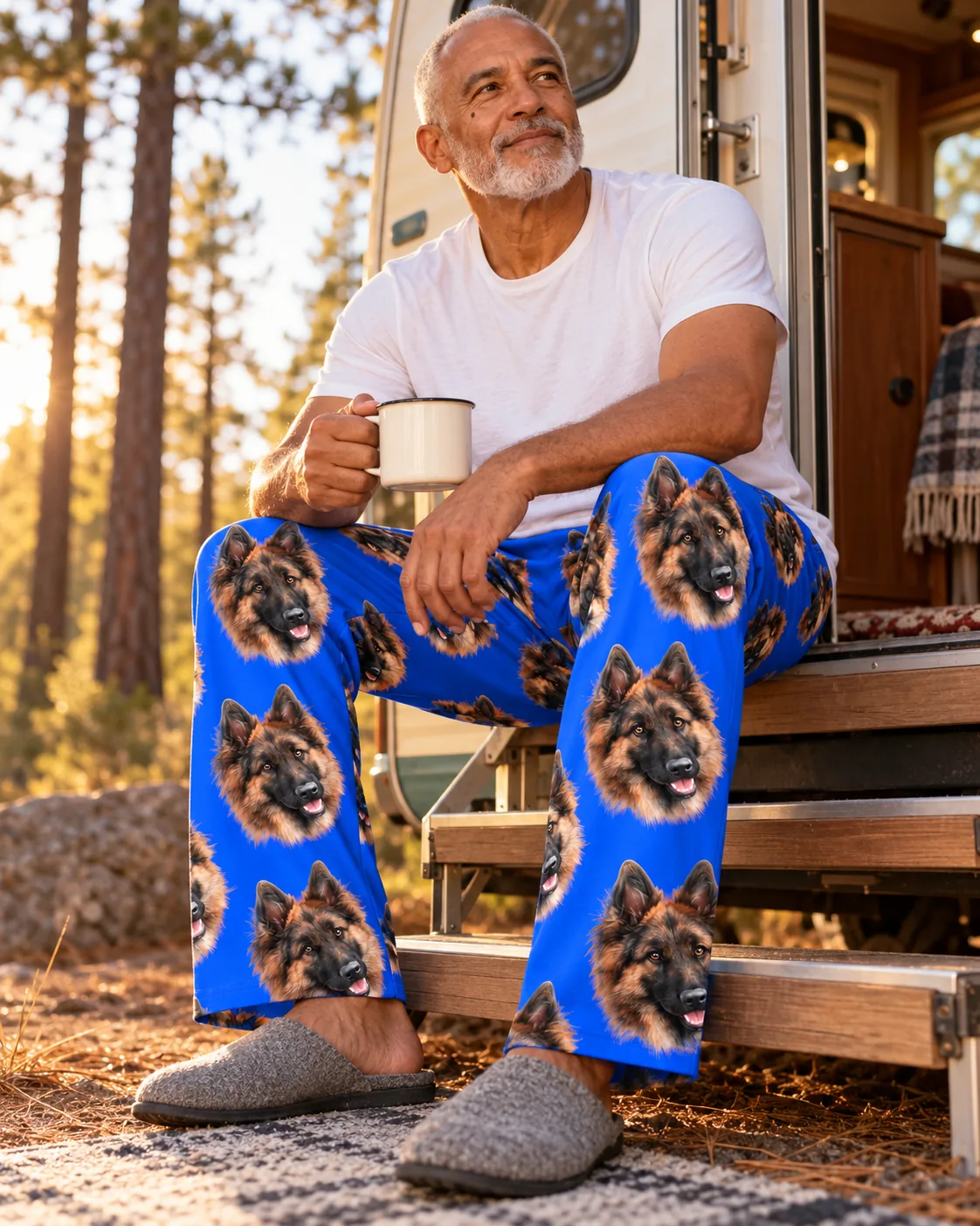 Older man with coffee on camper steps in the pines, in blue pajama pants with German Shepherd faces
