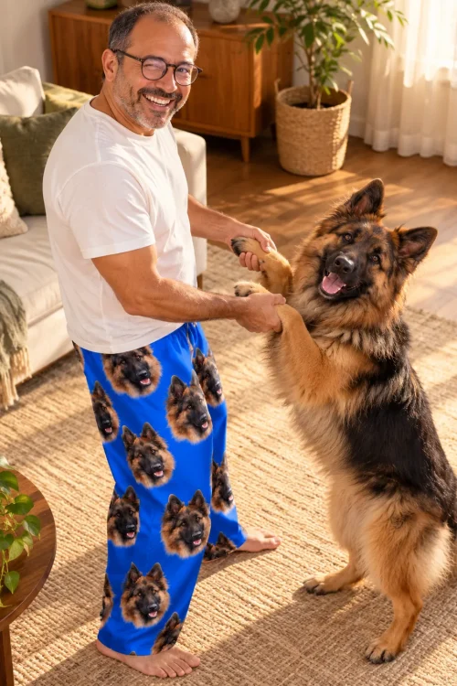 Man dancing with his German Shepherd in the living room, wearing blue pajama pants with its face