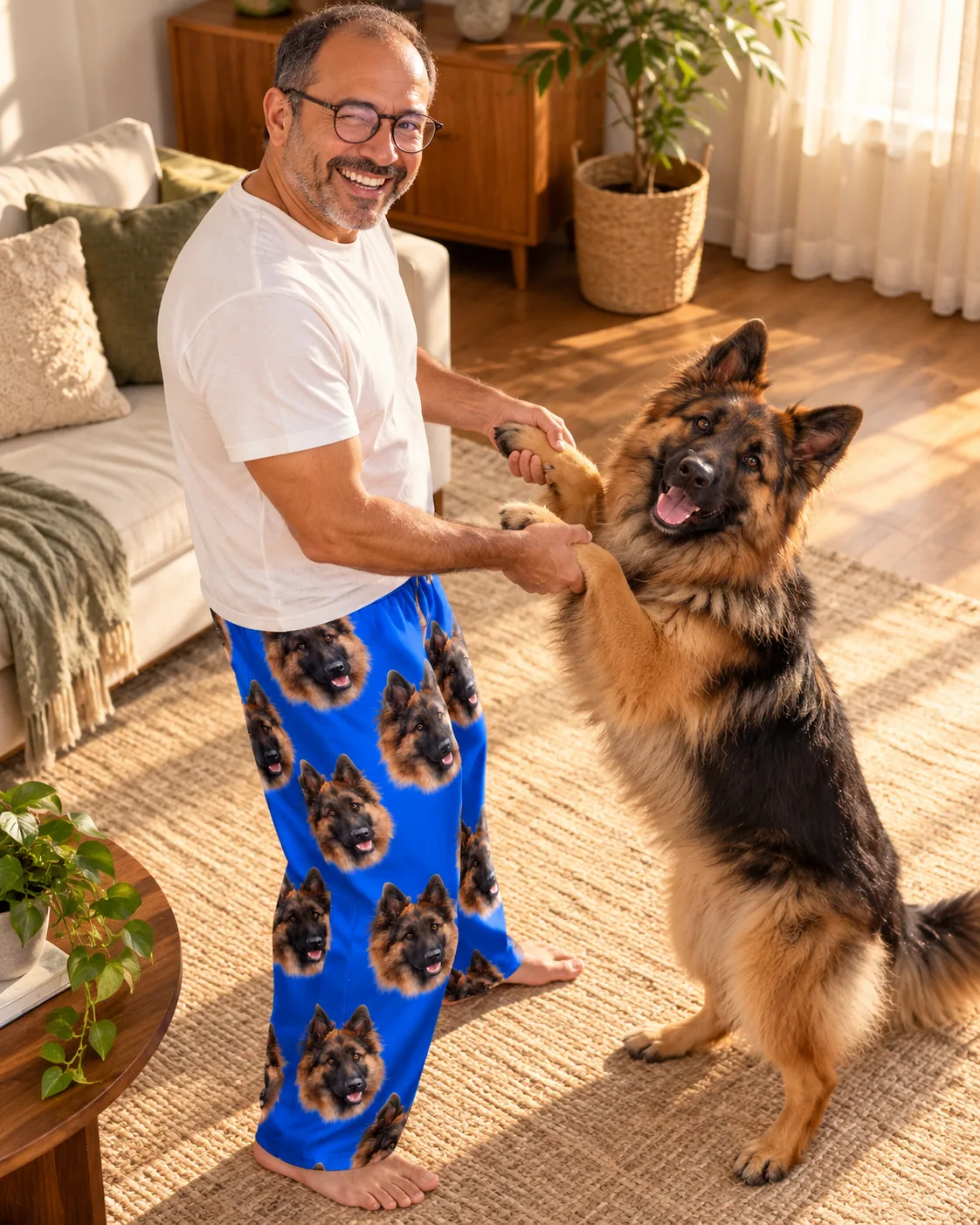 Man dancing with his German Shepherd in the living room, wearing blue pajama pants with its face