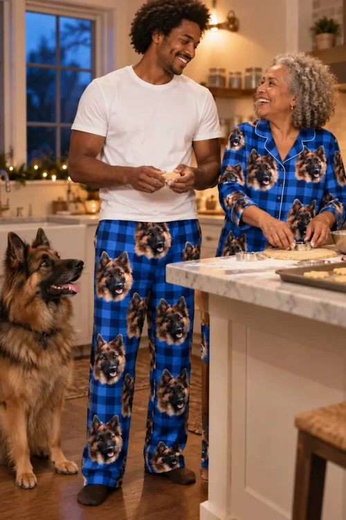 Man in blue plaid pajama pants with German Shepherd faces baking cookies as his German Shepherd watches