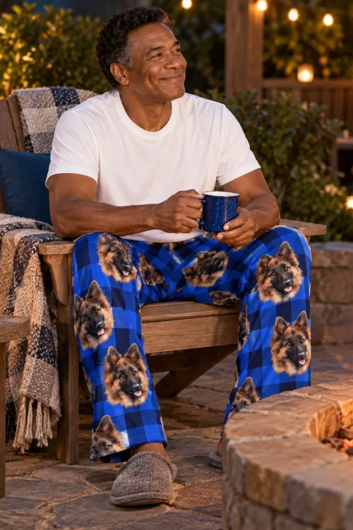Man with a mug by a backyard fire pit at night in blue plaid pajama pants with German Shepherd faces