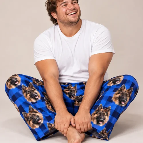 Men's Blue Plaid Pajama Pants with Your Pet's Face
