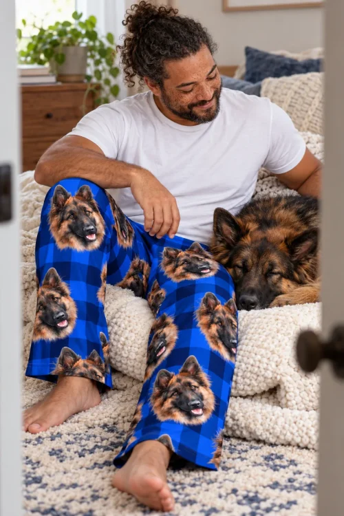 Man on a bed beside his sleeping German Shepherd in blue plaid pet face pajama pants