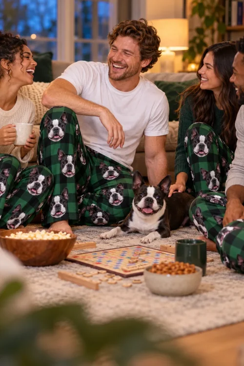 Four friends laughing on a living room rug over a board game with a Boston terrier, all in green plaid pajama pants